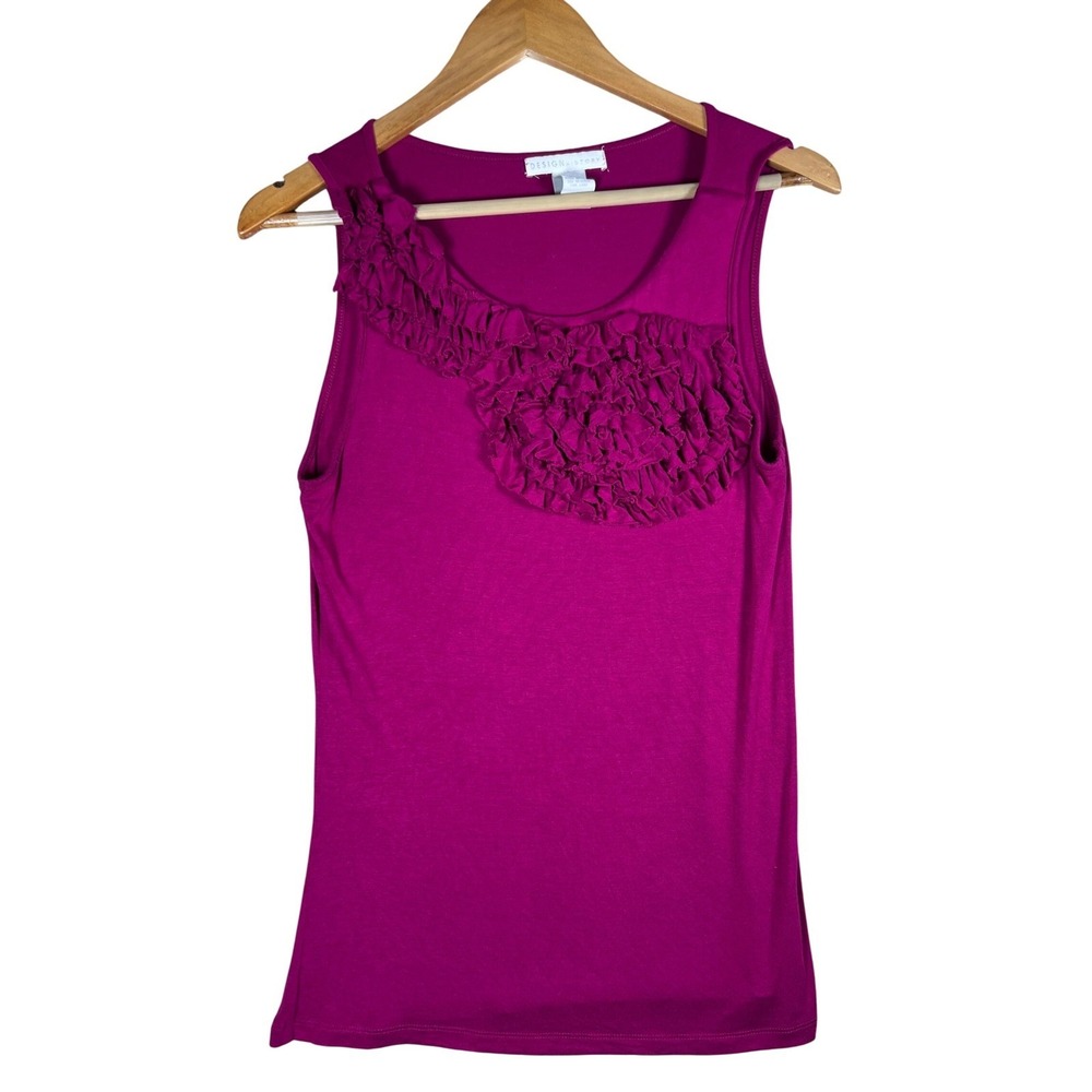 Y2K Magenta Ruffle Sleeveless Tank Top Medium Fuchsia Scoop Neck Feminine Chic